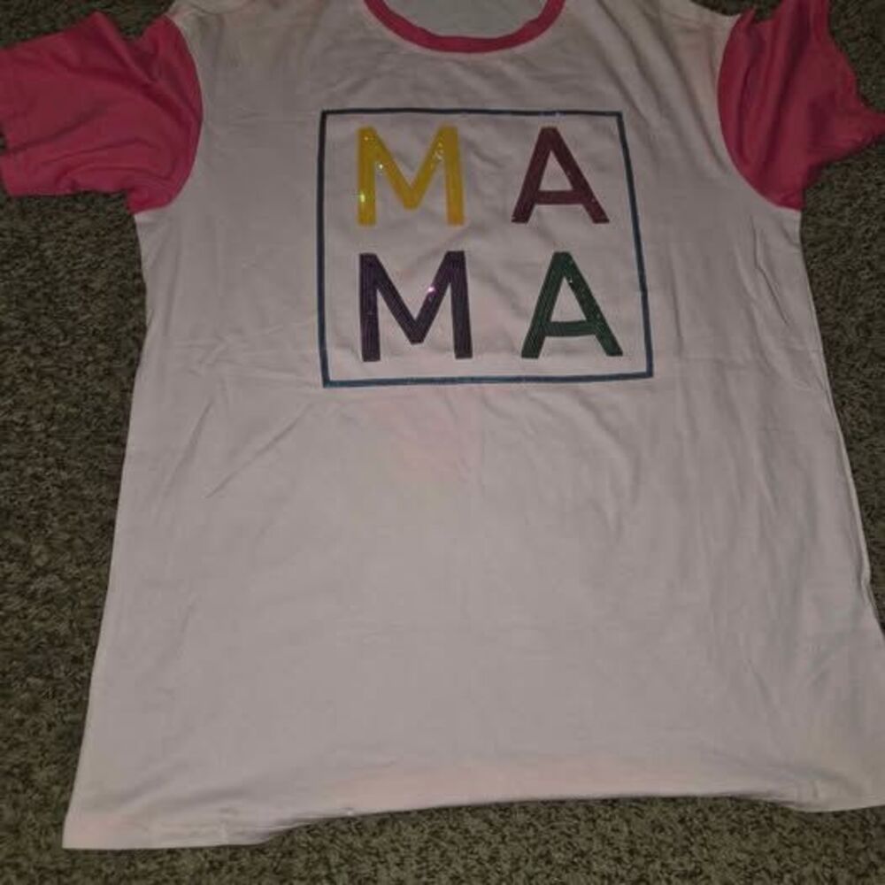 MAMA T-Shirt Pink Sleeves Sequin Letters